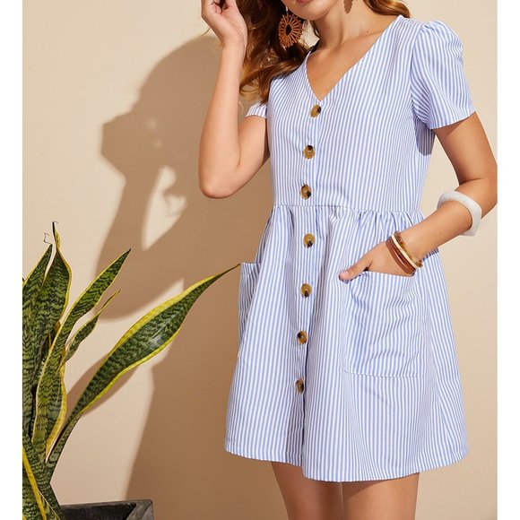 Blue Striped Fit & Flare Button Down Sundress - Picture 4 of 6